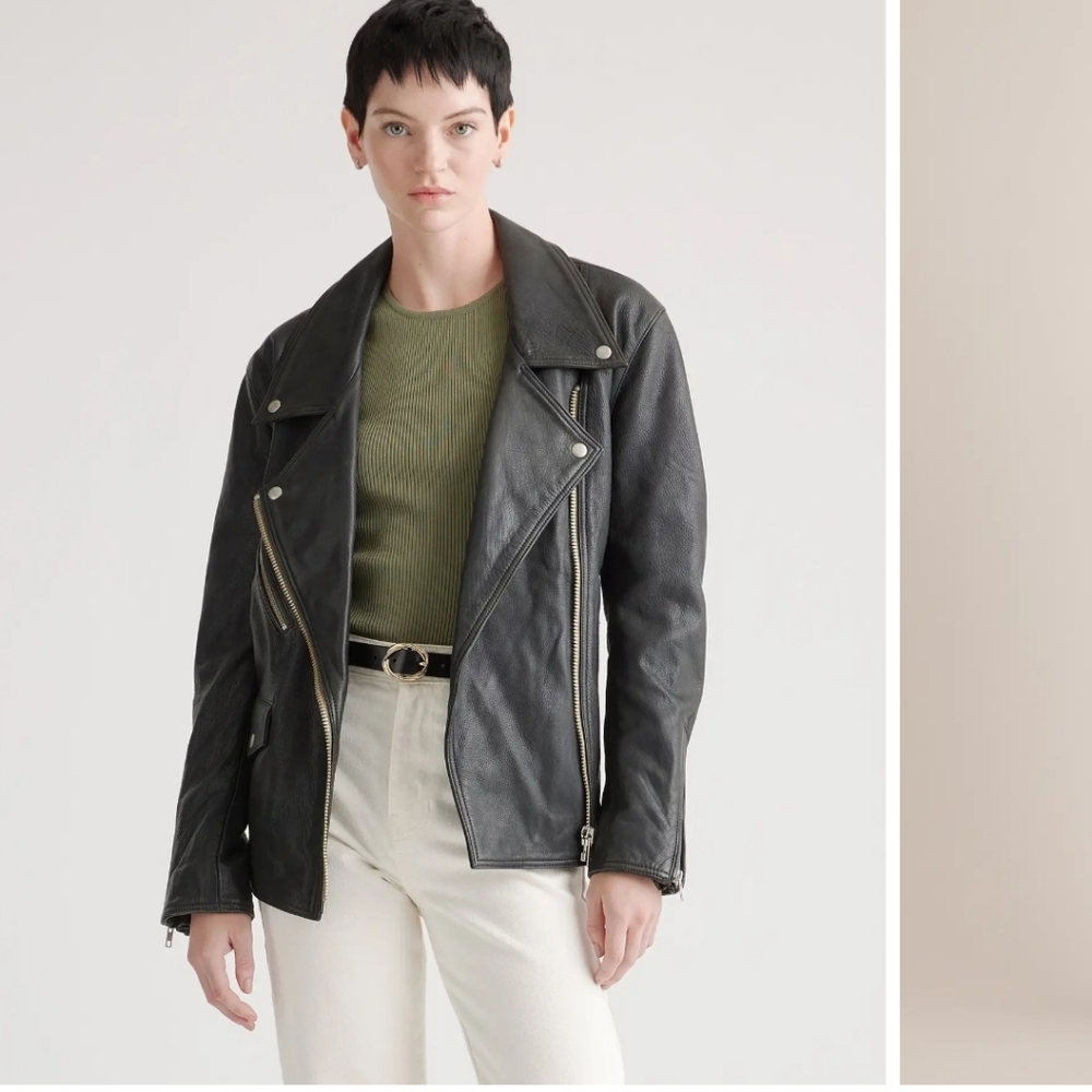 Quince Black Oversized Leather Moto Jacket L